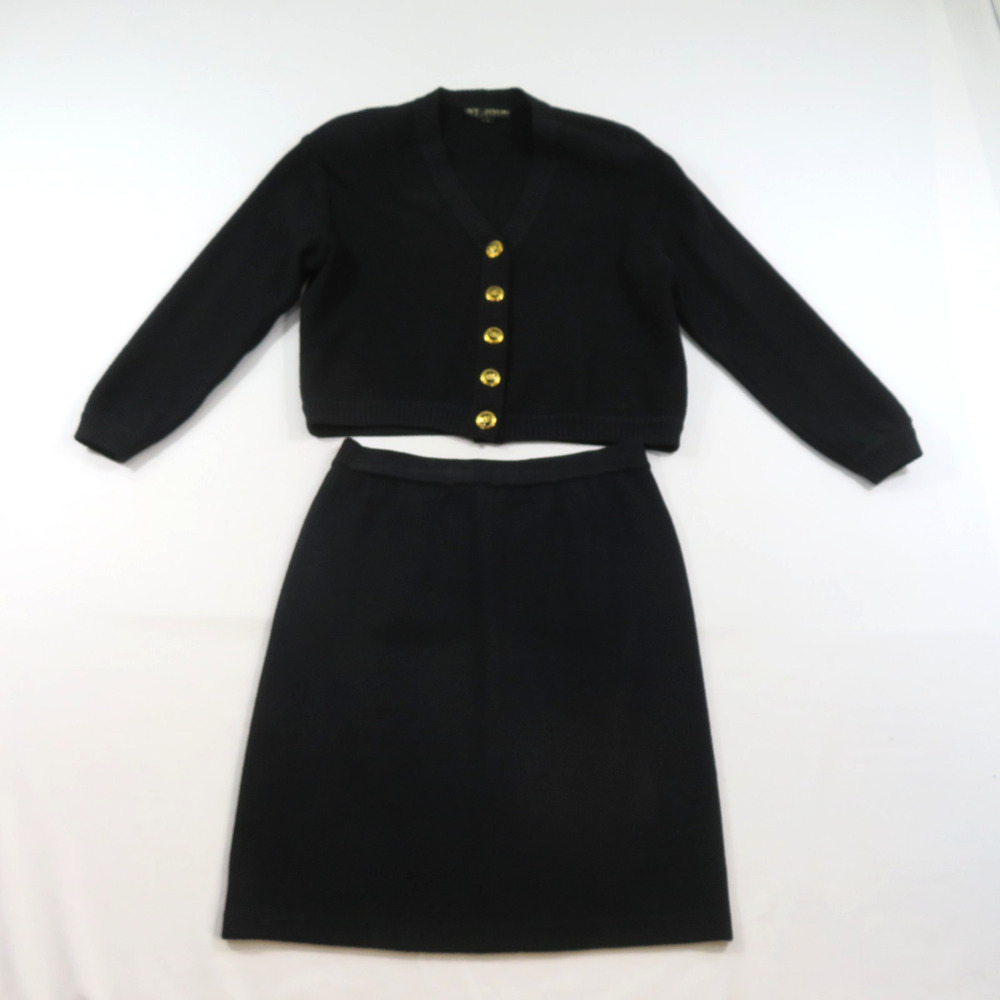 St John Basics Knit Sweater Skirt Set Black Womens Sz S 6 Button Up